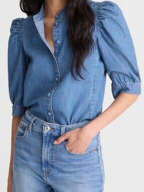 Madewell Denim Button-Front Puff Sleeve Top - Blue